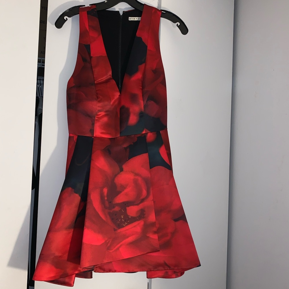 Alice + Olivia Red&Black Tanner Floral VNeck Dress